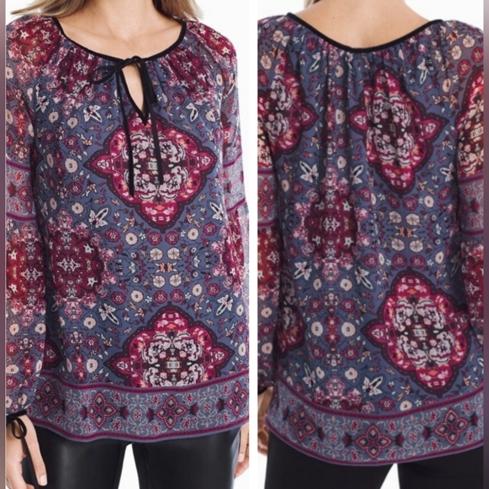White House Black Market Boho Printed Floral Tie Blouse Velvet Ties, 6